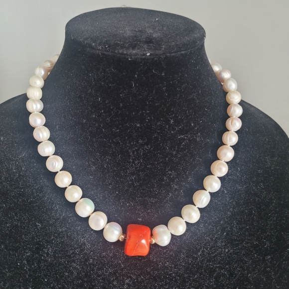 14K PJS Pearl Necklace with Coral Accent